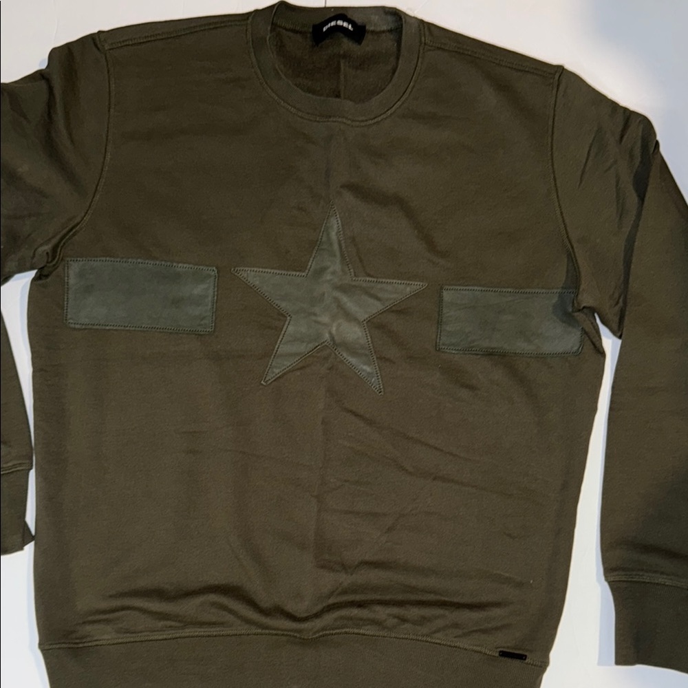 Diesel Green Crewneck Sweater with leather Star Design